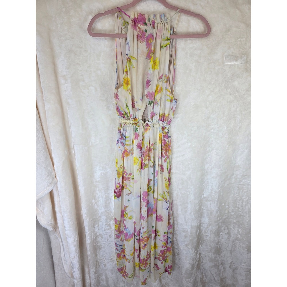 Room 34 Floral Maxi Dress Womens Medium Cream Pink Yellow Watercolor Cutout Back